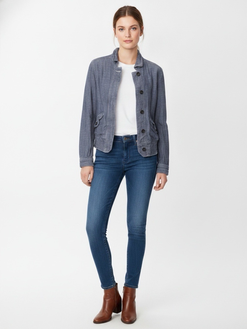 Aerie Denim Blue Floral Lined Cotton Linen Button Jacket